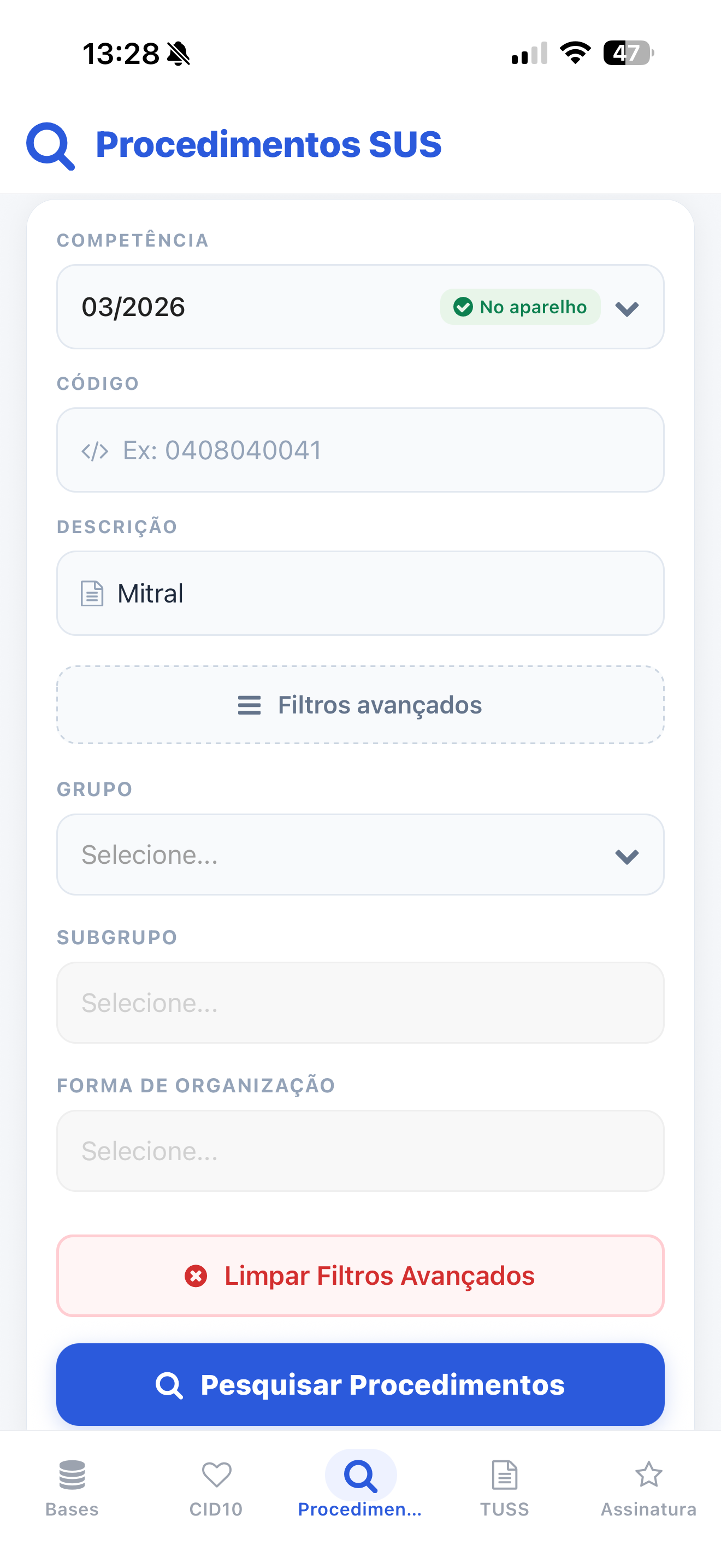 Tela de pesquisa de procedimentos SUS